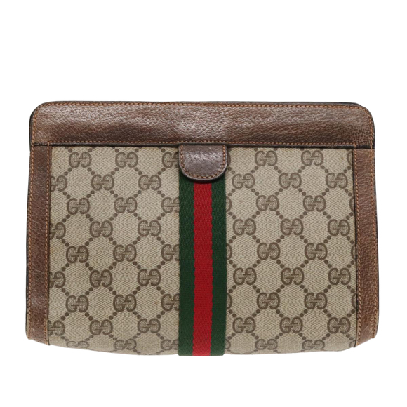 GUCCI GG Canvas Web Sherry Line Clutch Bag PVC Leather Beige Green Auth 90836 - Picture 2 of 16